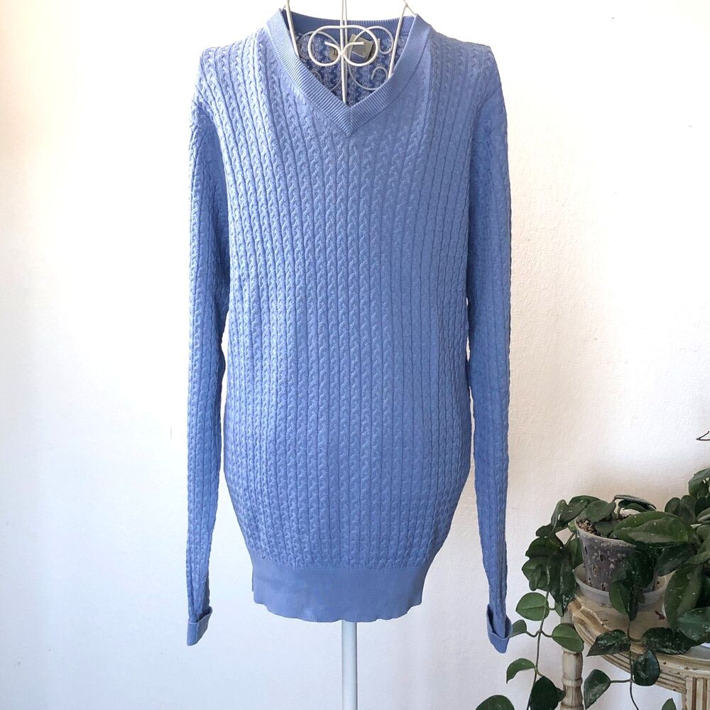 Travel Smith Men's V-Neck Cable Sweater Silk Cotton Light Blue Size Med